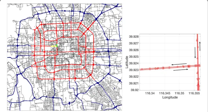 Figure 1 All considered road sections in Beijing. Left: All the 4530 road sections (red segments) in Beijing weanalyzed