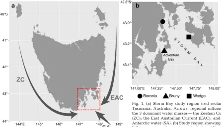 Fig. 1. (a) Storm Bay study region (red rectangle),Tasmania, Australia. Arrows: regional influence ofthe 3 dominant water masses — the Zeehan Current(ZC); the East Australian Current (EAC); and Sub-Antarctic water (SA)