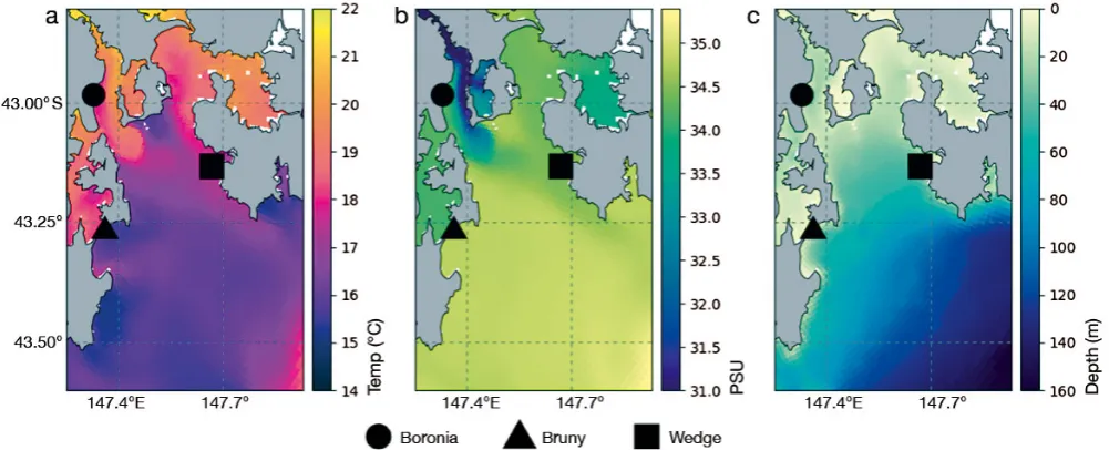 Fig. 2. Examples of data fields for the Storm Bay study region from the SETAS hydrodynamic model showing (a) sea surfacetemperature (°C); (b) surface salinity (PSU); and (c) bathymetry (depth in m) and the 3 little penguin colonies investigated in this stu