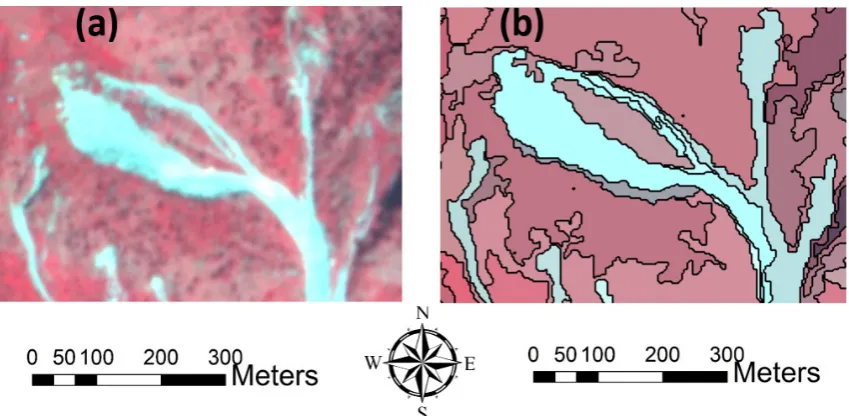 Figure 4. Figure 4. Pseudo-color image of a landslide event (Pseudo-color image of a landslide event (aa) and segmented landslides () and segmented landslides (bb).)