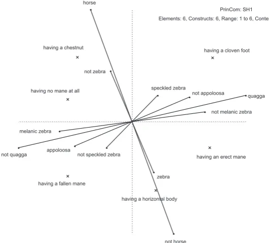 Figure 5. Plot of first and second principal components for elements   marked with an ‘x’ and constructs (polar vectors).(Variance accounted for: C = 44.62%, C2 = 3.36%).