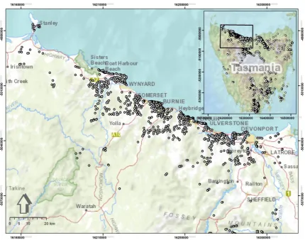 Figure 1.Figure 1. A location map of the study area. Dots represent the location of occurred various landslide events