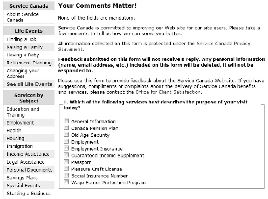 Figure 3.  Information Collection Statement,  User Feedback Page, Service Canada 