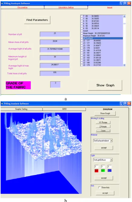 FIGURE 8. Data analysis software for pilling classification,  a) data analysis, b) 3D visual image of fabric