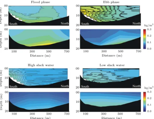 Figure 7. Snapshots of SSC distribution for ood, high slack water, ebb, and low slack water phase at cross-section T1.