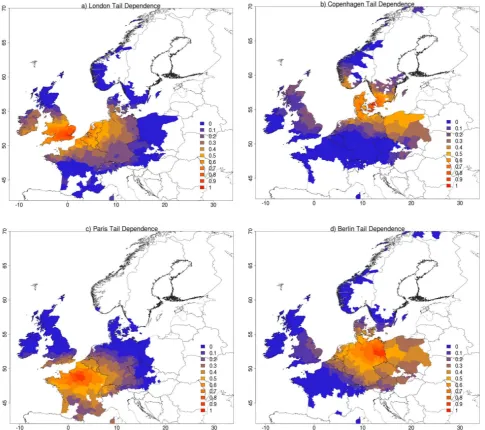 Fig. 5. Maps of tail dependence coefﬁcients χ, centered in London (a), Copenhagen (b), Paris (c), and Berlin (d)