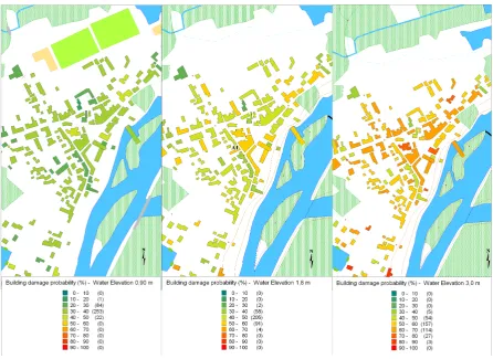 Fig. 5.Fig. 5. Risk maps: evolution of damage failure of building for three different levels of flood  Risk maps: evolution of damage failure for building at three different levels of ﬂood hazard (hydraulic load level).