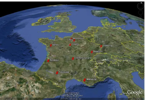 Fig. 1. Locations of the 10 French cities on Google Earth.