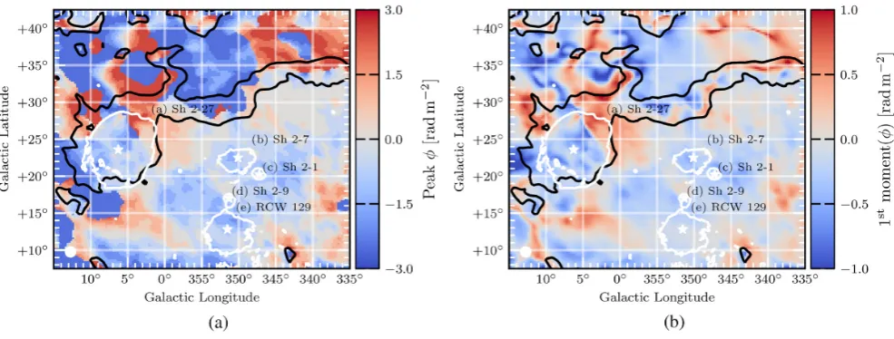 Figure 3. (a): The Faraday depth at the peak PI in the region of Sh2–27 in the range −3 < φ < +3 rad m−2