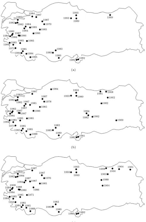 Figure 4. Geographical locations of stream
ow gauging stations and detected changing years: a) For Buishand test; b) for Pettitt test; and c) for standard normal homogeneity test.
