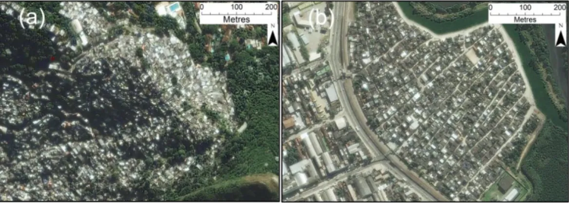 Figure 6: Examples of the two different mapped categories of slums   (a: Favela/Invasoe (part of Rocinha), b: Loteamenton (Vigário Geral)) 