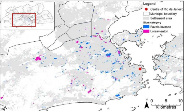 Figure 8: Spatial distribution of slums in the metropolitan region of Rio de Janeiro  Against the assumption that especially the larger slums of Latin American cities are in the  periphery of the settled area (cf