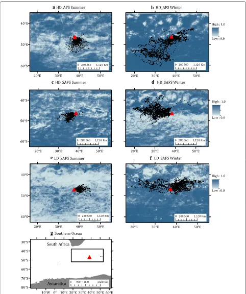 Fig. 4 Predicted foraging habitat suitability (preferred areas for restricted search) in the region surrounding Marion Island (grey triangle) for: a, b the high‑density Antarctic fur seal colony; (HD_AFS); c, d the high‑density Subantarctic fur seal colony