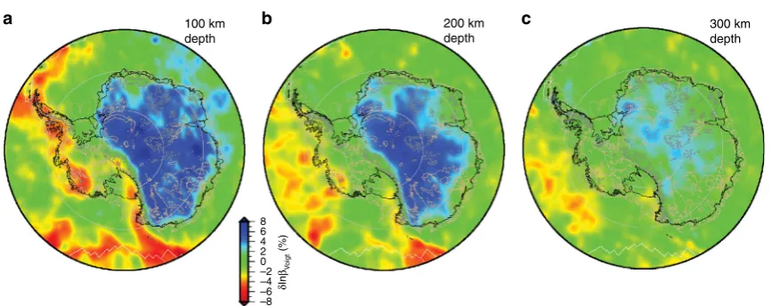 Fig. 3 Spatial variations in Earth properties in the upper mantle beneath Antarctica. Seismic shear wave velocity perturbations at depths of (Colours indicate observed Voigt average velocity anomalies relative to global reference model STW105 (ref.and (a) 