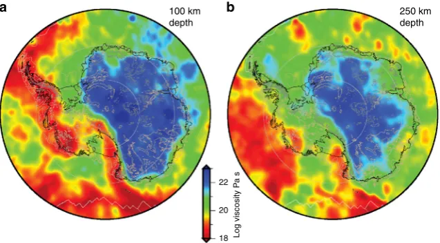 Fig. 4 Spatial variations in estimated upper mantle viscosity beneath Antarctica at depths of (diffusion creep rheologya) 100 km and (b) 250 km