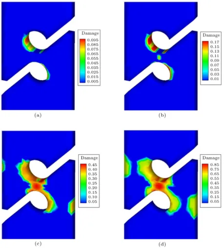Figure 8. Damage contour plots in at shear specimen: (a) At u=l = 2:8%; (b) at u=l = 3:5%; (c) at u=l = 3:8%; and (d) at the end of loading.