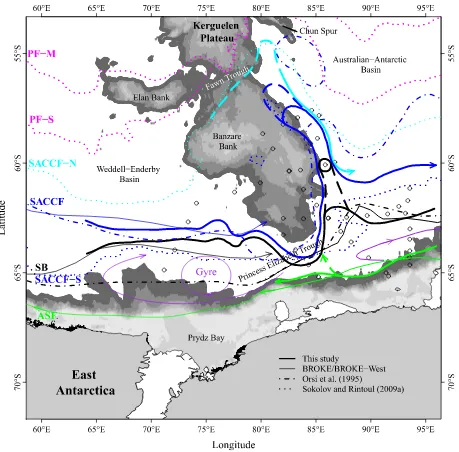Figure 1:  Location of oceanic features around the southern Kerguelen Plateau compiled from this and previous studies