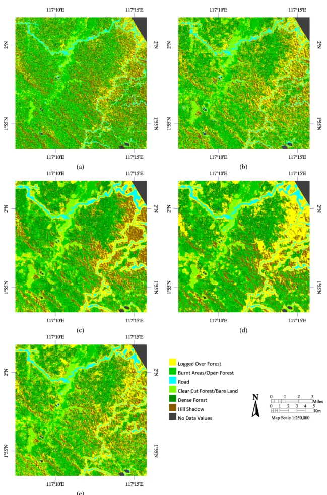 Fig. 3.8 Subsets of maximum likelihood classification using the input data of (a) ETM 12347,  (b)  ETM  12347  and  fractal  dimension,  (c)  ETM  12347,  fractal,  variogram,  pseudo‐cross  variogram, (d) ETM 12347, fractal, madogram, rodogram, pseudo‐cro