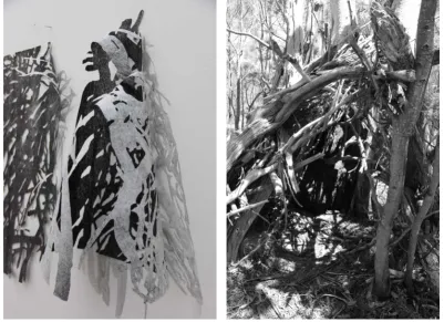 Fig. 11 shelter(left) Antonia Aitken, Shelter play, 2015, paper-cut woodcut print, dimensions variable; Knocklofty , digital photographs, 2015–2017, dimensions variable