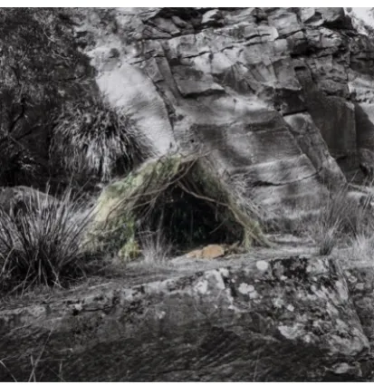 Fig. 13 James Tylor, Un-resettling (Half dome hut on cliff face), 2013, hand-coloured digital print, 50 x 50 cm