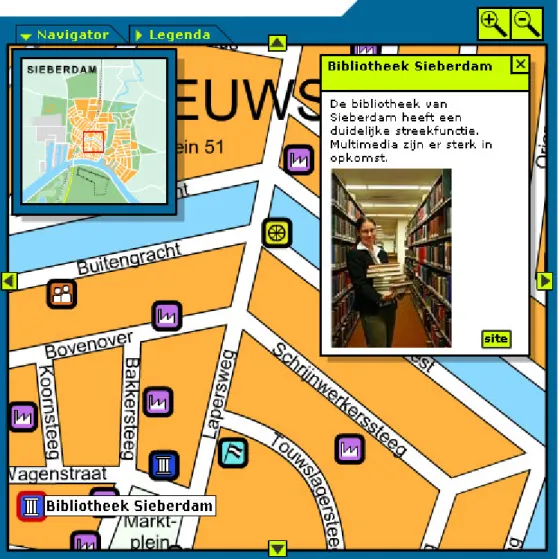 Figure - Example of a playground map: Cyberdam-city with popup window for selected object  The participant can navigate the map, click object hotspots and jump to the descriptive page of a  selected object