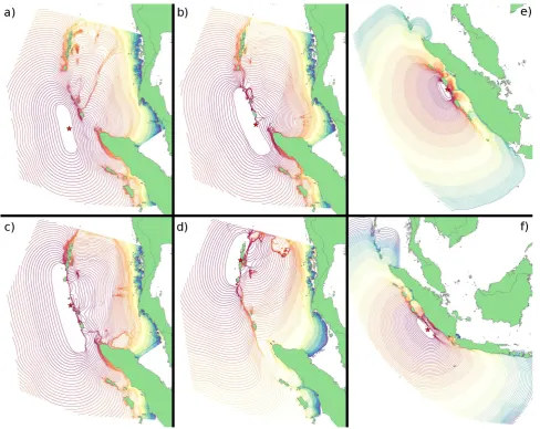 Fig. 3. Virtual scenarios selected in 2009 for testing, demonstration and validation of Thai system (a–d) and Indonesian system (e–f)with tsunami wave propagation generated by earthquake events: (a) 92.81◦ E, 5.94◦ N, Mw = 8.0 and Mw = 8.5; (b) 93.87◦ E, 6.26◦ N,Mw = 8.0 and Mw = 8.5 and Mw = 8.8; (c) 92.93◦ E, 8.65◦ N, Mw = 8.0 and Mw = 8.5 and Mw = 9.0; (d) 92.67◦ E, 12.21◦ N, Mw = 8.0and Mw = 8.5; (e) 97.82◦ E, 0.19◦ N, Mw = 8.0; (f) 101.28◦ E, 4.55◦ S, Mw = 8.25.