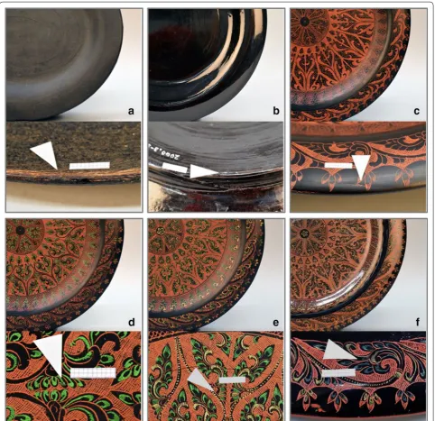 Fig. 1 Details of the series of plates (objects 1a–f) illustrating the yun process: a application of raw lacquer (the plate is from the same workshop but not from the same production group as the others); b application of refined lacquer; c engraving and a