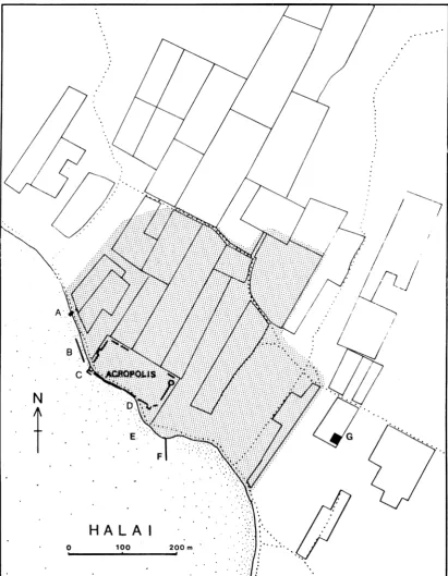 FIG. 2. Plan of the town of Halai. Stippled area: greatest concentration of sherds found during surface survey