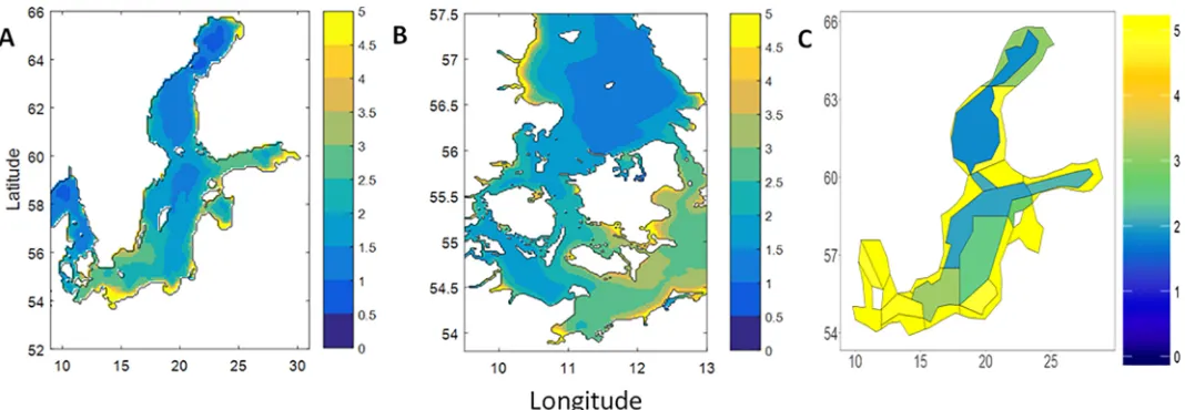 Fig 4. Spatial distribution of annual average surface Chl-a [mg m-3]. As simulated by HBM-ERGOM for the annual average over the period 2005–2014 (A-B) andBaltic Atlantis for the annual average for the last five projection years (C)
