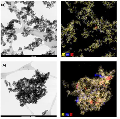 Figure 4.2 STEM images and EDX maps of 1 wt% Pd/MC before (a) and after (b) degreening