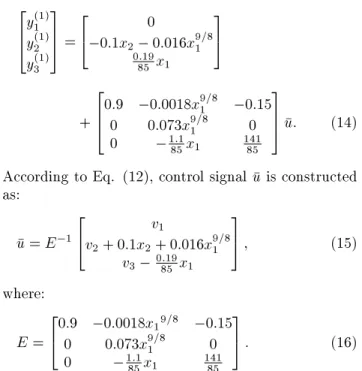 Figure 6. Time response of state and output variables, using feedback linearization approach for three cases: from operating point # 4 to 5 (solid lines), # 4 to 7 (dots) and