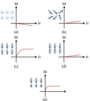 Fig ur e2 .1 : M( b)a g ne t icmo me nt so r de r inga nd M− H r e la t io n o f ( a )D ia ma g ne t is m,P a r a ma g ne t is m,( c )Fe r r o ma g ne t is m,( d)Ant if e r r o ma g ne t is ma nd( e )Fe r r ima g ne t is m.