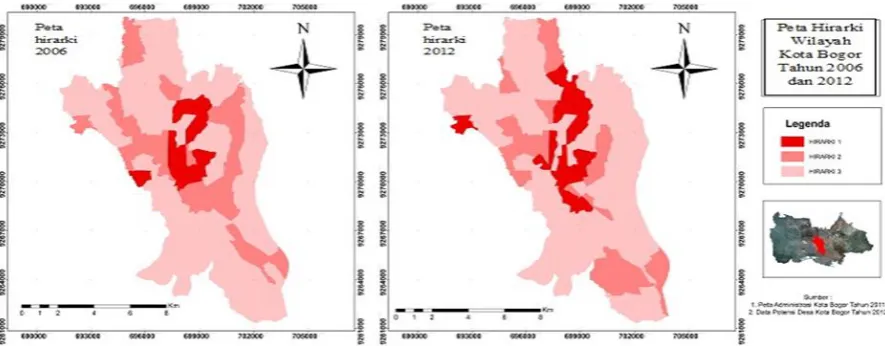 Figure 5. Spatial Distribution of Regional Hierarchy Level of Bogor City in 2006 and 2012  