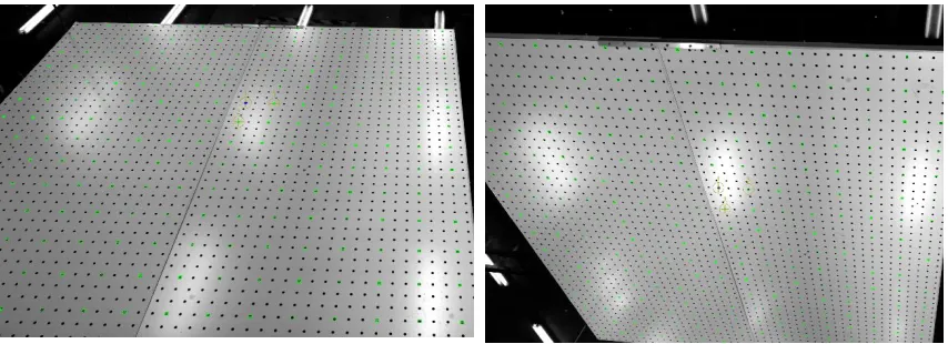 FIG. 3: View of calibration plate with selected calibration points and datum reference for camera 1 (left) and camera 2 (right) (main camera set)