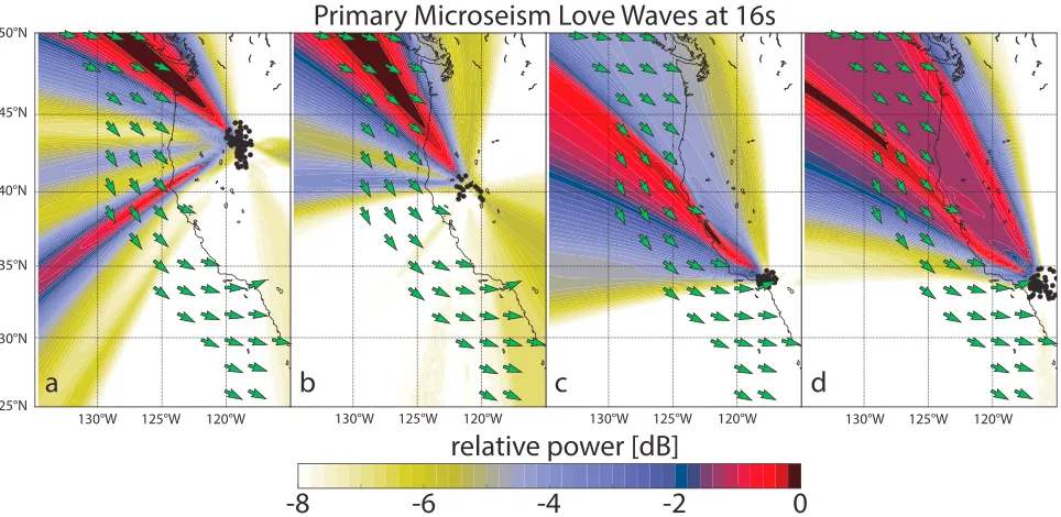 Figure 7. Detailed beam maps from all four arrays for primary microseisms on 28 March