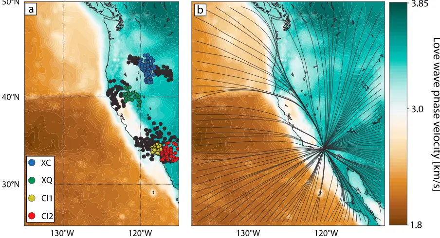 Figure 3. (a) Study area with four seismic networks where we use only the colored stations (blue = part of XC network; green = part of FAME array; yellow = partstudy area