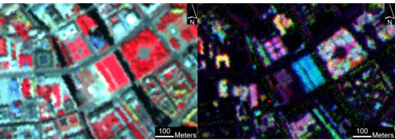 Figure I - 1: Mono-temporal (left, vegetation colored red) and intra-annual (right) RapidEye satellite image, Berlin