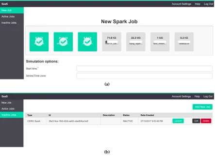 Figure 6. Spark benchmarking using real bushﬁre case studies. (a) Starting page view; (b) job status.