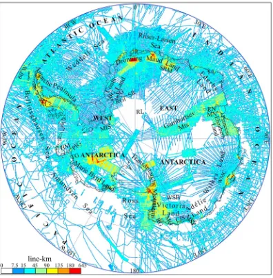 Figure 2. Data density coverage of the magnetic surveys that shows the line-km length of survey data within thewindow radius of 7.5 km about each gridded anomaly point in Figure 3