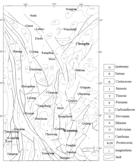 Fig. 2. Geological map in southwest China (Revised from Litho-Fig 2. Geological map in southwest China  (Revised from Lithospheric dynamics atlas of China, 1989) 2.2 Seismicity and seismic hazard spheric dynamics atlas of China, 1989).