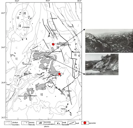 Fig 6. Geological map of Longling earthquake area and locations of earthquake-triggered landslides (revised from Fig