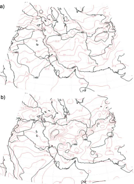 Fig. 4. (a) Surface chart include isobars with 2.5 mb intervals on30 April 2009 at 00:00 UTC
