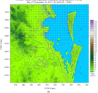 Fig. 4: Sample wind fields, precipitation and mixing heights across the domain from 0000 January 1 2013 to 0000 January 1 2014; (a) Variances in Day 3 (b) Variances in Day 23 (c) Variances in Day 110 (d) Variances in Day 273 