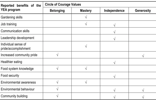 Table 4: YEA benefits as Circle of Courage values 