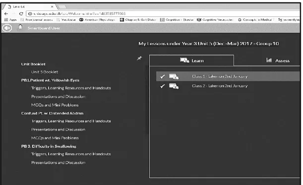 Figure 1: Screen capture of the web-based platform page when accessing a course/unit after login into UNIO   The  tutor  guide  for  the  weekly  problem  within  each  unit  was  embedded  by  the  e-learning  expert  two  days  before the first session o