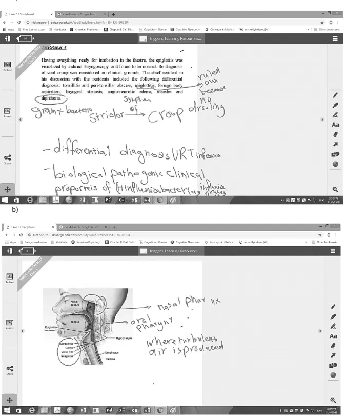 Figure 3: Screen capture showing annotations on a) trigger text or b) embedded visual trigger such as images  by the scribe on the smartboard