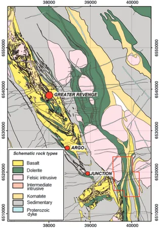 Figure 2. Schematic geology of the St. Ives gold camp including the location and extentof the project (red outline box) relative to several major existing and historical gold mines(indicated by red circles with the mine name adjacent)