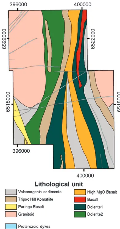 Figure 3. Heron South geology map. In subsequent figures, the litho-logic units will be abbreviated as follows: Volcanogenic Sediments(VS), Tripod Hill Komatiite (THK), Paringa Basalt (PB), Granitoid(G), High MgO Basalt (HMgOB), Basalt (B), Dolerite 1 (D1)