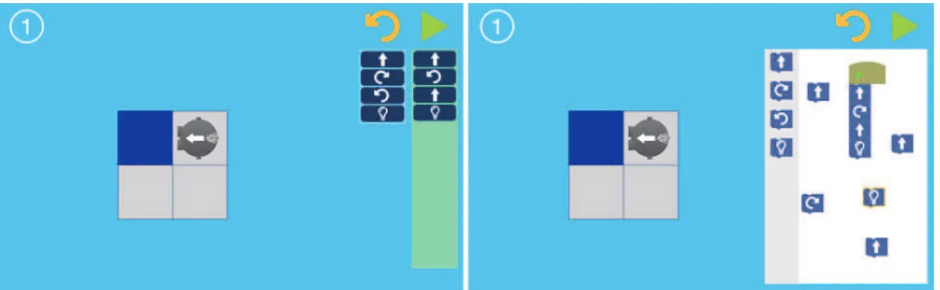 Figure 4: The Lightbot (left) and ScratchJr-like version (right) of the game   Table 3: The similarities and differences between the two versions of the game 