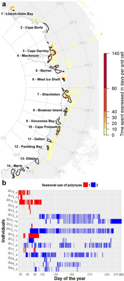 Figure 1. Polynya usage by 17 post-moult Kerguelen male SES from 2004 to 2014 based upon the position timestamp of CTD casts from 2004 to 2014